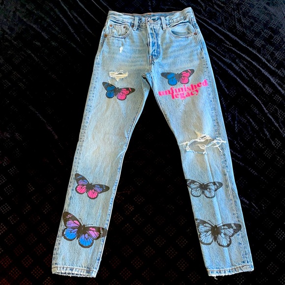 UNFINISHED LEGACY/ Levi's butterfly jeans! Levi's 501 skinny jeans, SIZE W25 L30 - Picture 1 of 4